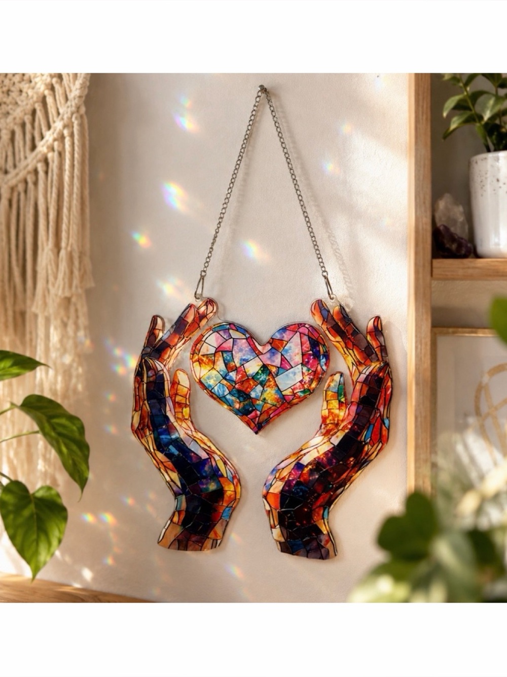 Multicolor Mosaic / Faux Stained Glass Heart and Hands Hanging Wall Art, OS